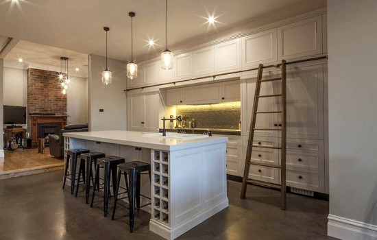 Gallery kitchen style with wine rack